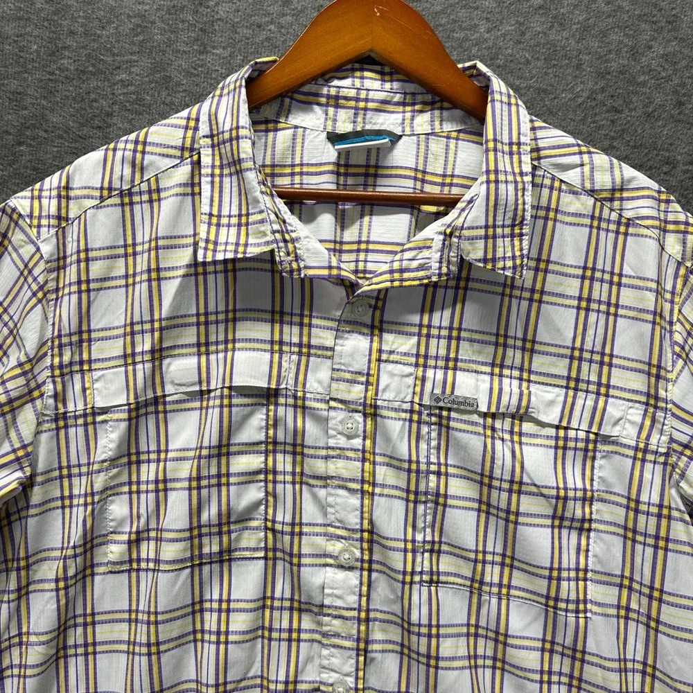 Columbia Mens Omni-Shade‎ Plaid Short Sleeve Button Down Shirt Purple Yellow XL